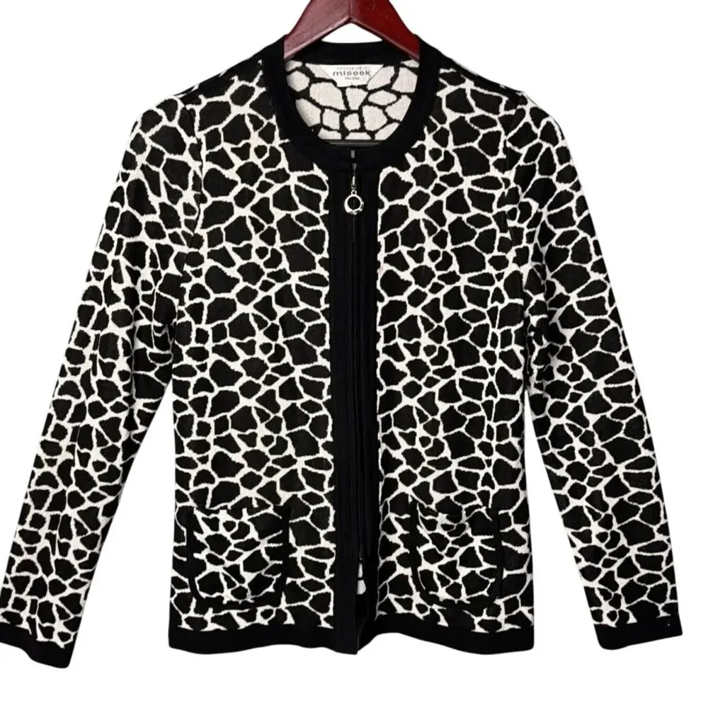 Misook Zip Cardigan Black White Giraffe Print Size SP Old Money Quiet Luxury